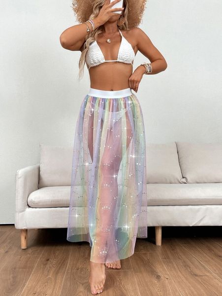 

ombre mesh glitter cover up skirt l7ea#, White;black
