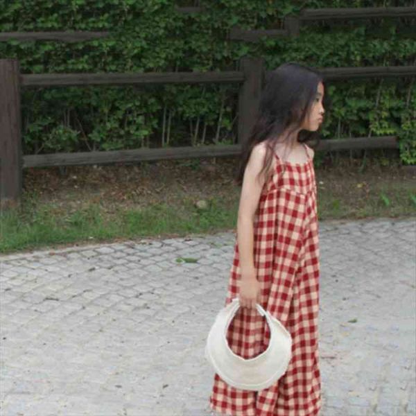 

summer kids and teen girl dress maxi girls plaid casual beach children backless cotton korean-style clothing, 9326, Red;yellow