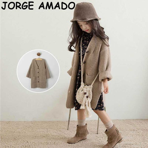 Mädchen Pullover Stricken Wolle Mode Lose Aprikose Strickjacke Kinder Mantel Baby Kleidung Mädchen Winter 4-10Y E1003 210610