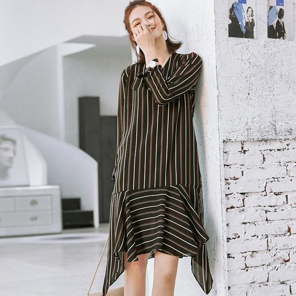 

women's trench coats deat 2021 spring fashion women clothing v-neck full sleeves pattern chiffon bandage cuff irregular stripe dress wd, Tan;black
