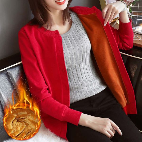 

winter plus velvet knitted female short sweater jacket long sleeve jumper sweaters warm cardigan women cardigan, White;black