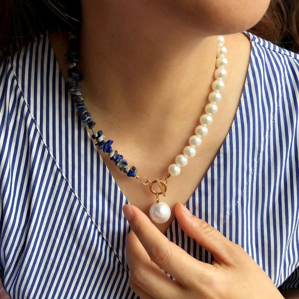 

pendant necklaces vintage natural stone toggle clasp necklace for women girls imitation pearl asymmetric chains bohemian jewelry, Silver