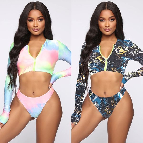 

2021 new bikini conservative print long sleeve zipper split swimsuit, White;black