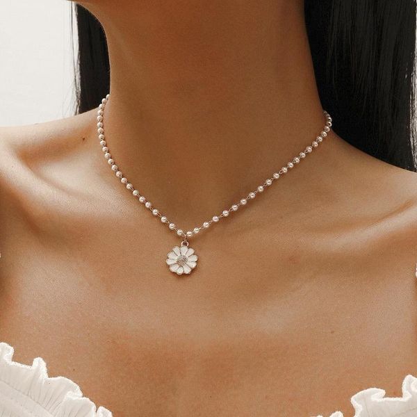 

pendant necklaces kpop pearl choker for women neck chain flower beads boho jewelry decoration 2021 collar girl chocker, Silver