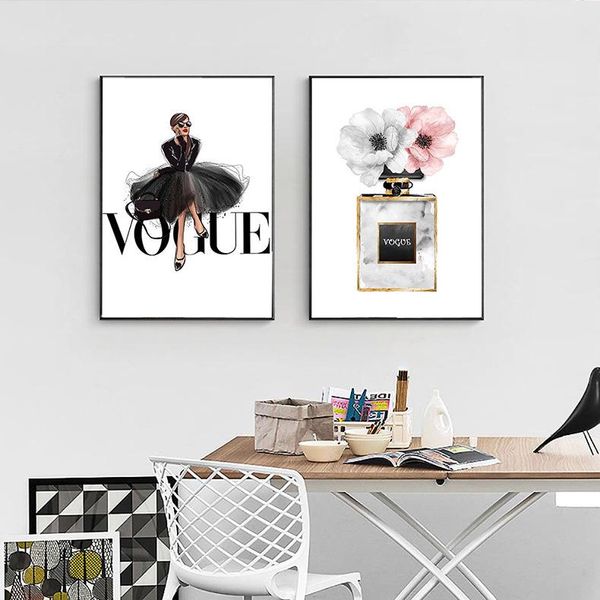 

paintings fashion black dress canvas poster nordic wall art perfume with flower print painting decoration picture home decor