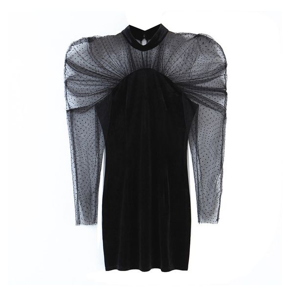 

blsqr sheath dress vintage puff sleeve mesh patchwork velvet mini o-neck black for female 210430, Black;gray