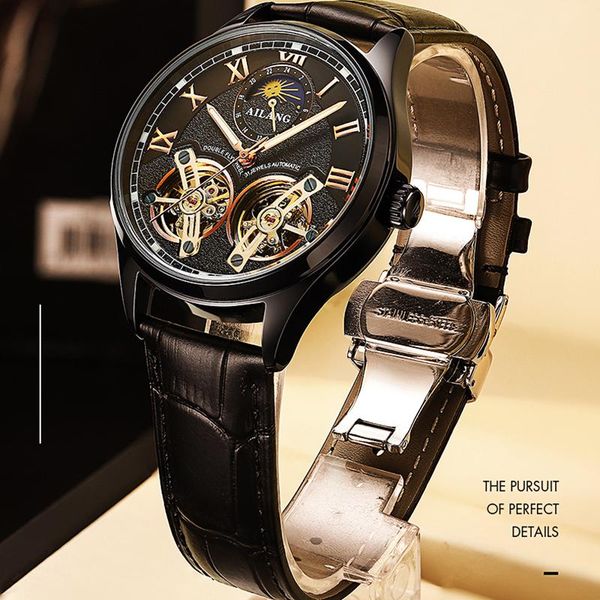 

wristwatches ailang double tourbillon watch men automatic mechanical watches brand waterproof steampunk skeleton man relogio, Slivery;brown