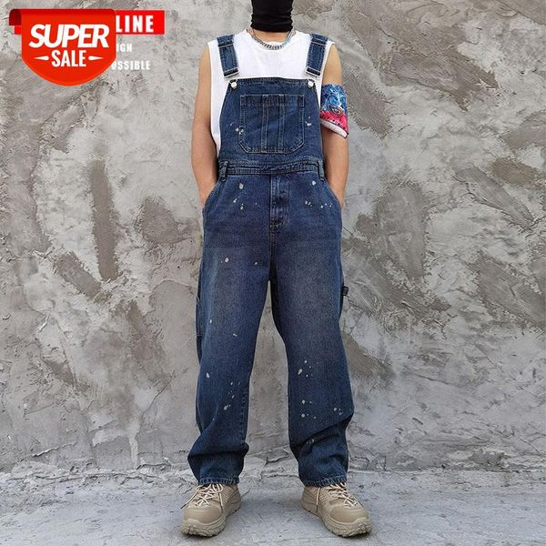 

tkpa retro japanese jumpsuit men and women straight overalls denim american street all-in-one casual pants #oa37, Blue