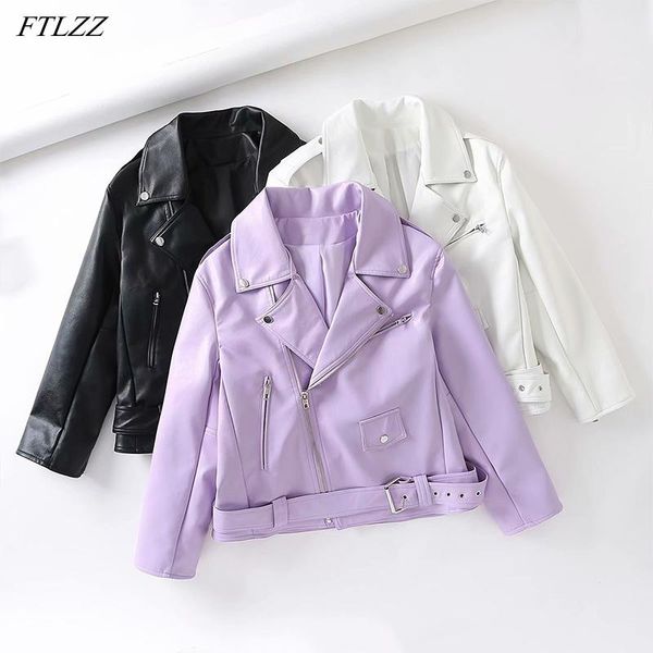 

women's leather & faux ftlzz spring autumn women jacket streetwear lapel oversized purple pu loose coat with belt lady outwear, Black