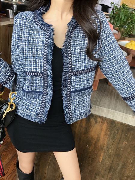 

small fragrance ladies tweed coat fashion tassel woolen jacket autumn long sleeve womens open stitch short coats casaco, Black;brown