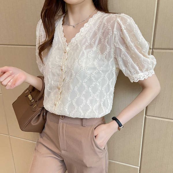 Sommer Koreanische Mode Chiffon Frauen Shirts Spitze V-ausschnitt Büro Dame Button Up Hemd Plus Größe Weiß Kurzarm Damen Tops 210531