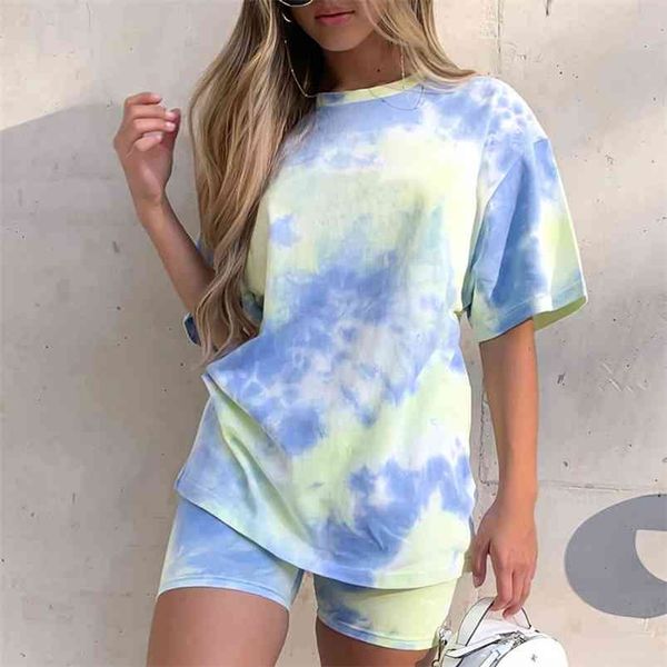 

casual tie dye two piece set matching set clothing short sleeve oversized tshirt and shorts set track suits 210721, White