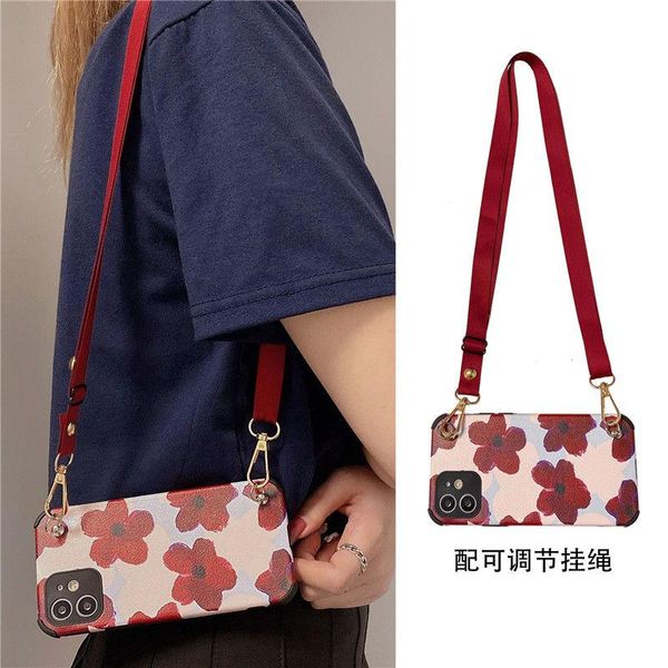 

cell phone pouches fashion big red flower diagonal lanyard silicone case for 12 pro max 7 8 plus 11 x xs xr se mini dustproof cover gifts