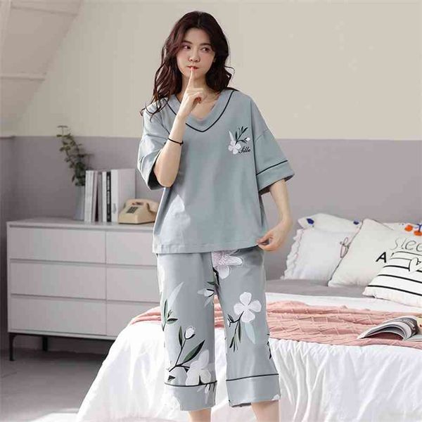 

big size -5xl women short sleeve pajamas sets lounge cotton sleepwear girls loose homewear 210809, Black;red