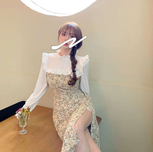 

party dresses floral spring 2021 fashion french chiffon temperament tea break skirt medium length split dress female 089p, White;black