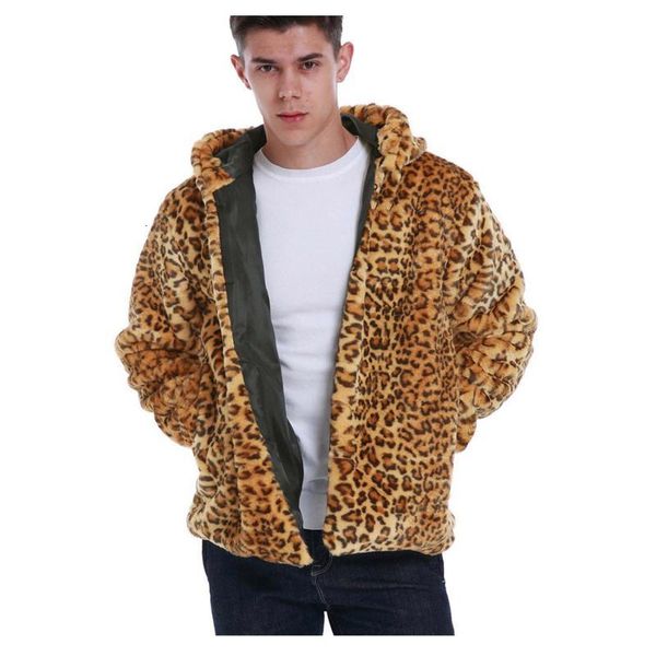 

men's jackets winter leopard print man's fashion with hooded warm flicking imitation fur men jacket chaquetas hombre#4 jkut, Black;brown