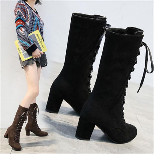 

boots 2021 women's mid calf shoes woman cross lace up female suede high heels ladies thick retro plus size 35-43, Black