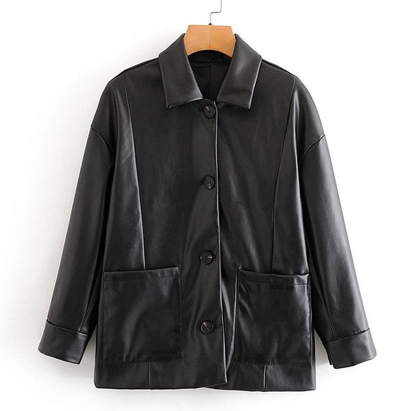 

women's leather & faux rr winter loose solid high imitation coats women fashion pu jackets elegant pockets female ladies fx, Black
