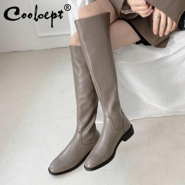 

boots coolcept women over knee real leather flat heel winter long fashion party shoes footwear size 34-40 grzq, Black