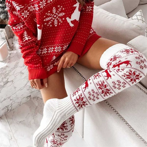 

christmas stockings women's long knitted stockings for girls ladies women winter knit socks thigh high over the knee socks 211204, Black;white