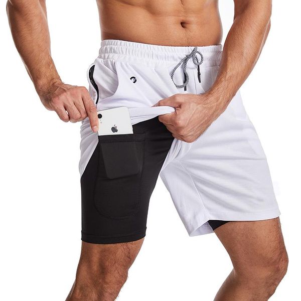 

solid running shorts men 2 in 1 fitness gym sport training workout 2021 male clothing, White;black