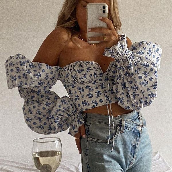 

women's polos adeast blue floral print tie front and blouses shirts square collar puff sleeve elegant vintage shirt chic, White