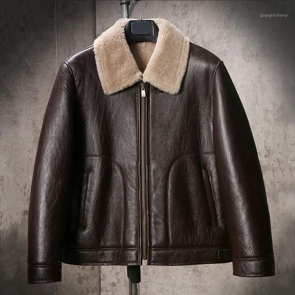 

mens b3 shearling jacket winter fur coat fashion motorcycle short sheepskin brown leather men's & faux, Black