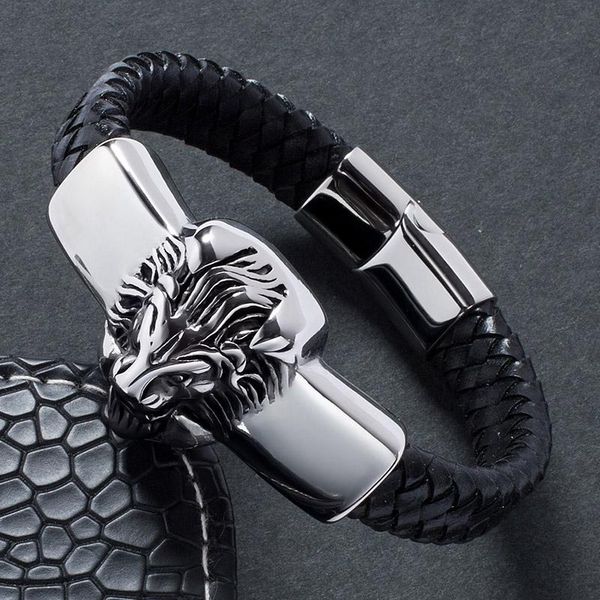 

cuff animal design diy men male lion charm bracelets trendy stainless steel chain link genuine leather bangles e814, White