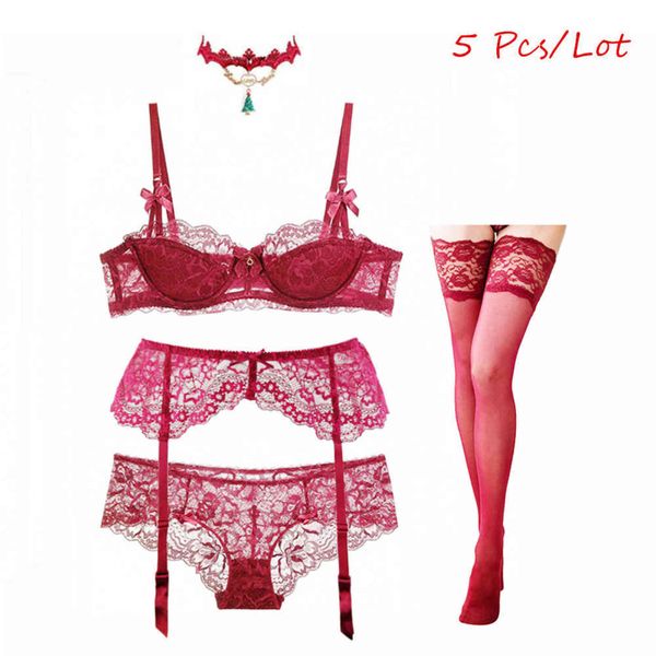 

nxy setwomen' lace christmas lingerie set bra and panties garter stockings necklace 5 pieces/lots 1129, Red;black