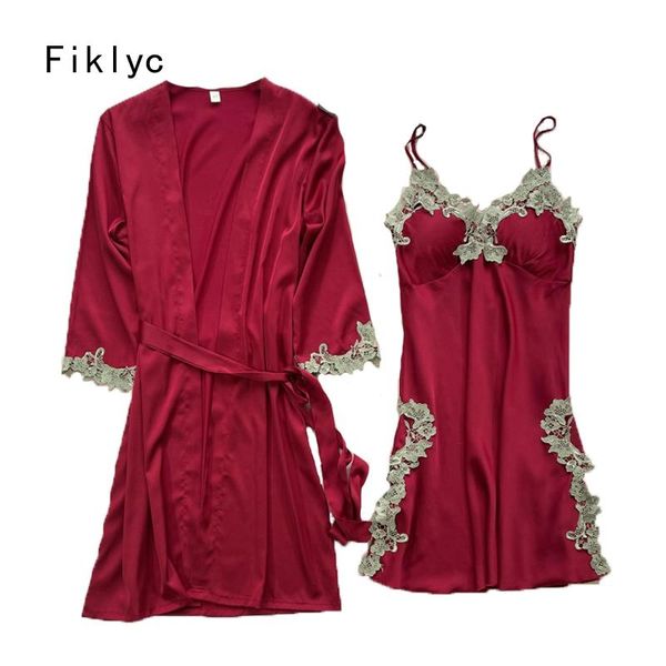 

women's sleepwear fiklyc 2021 arrival satin robe & gown sets drop luxury female nightwear padded night clothing, Black;red