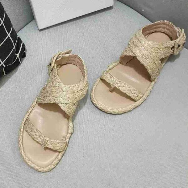 

sandals fashion woven women summer round open toe designer flat heel shoes multicolor outdoors leather mules female, Black