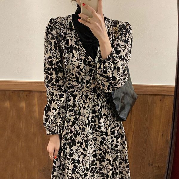 

casual dresses yamdi o neck lace ruffle midi dress women elegant woman long sleeve party vintage a-line 2021 spring summer korean lady, Black;gray