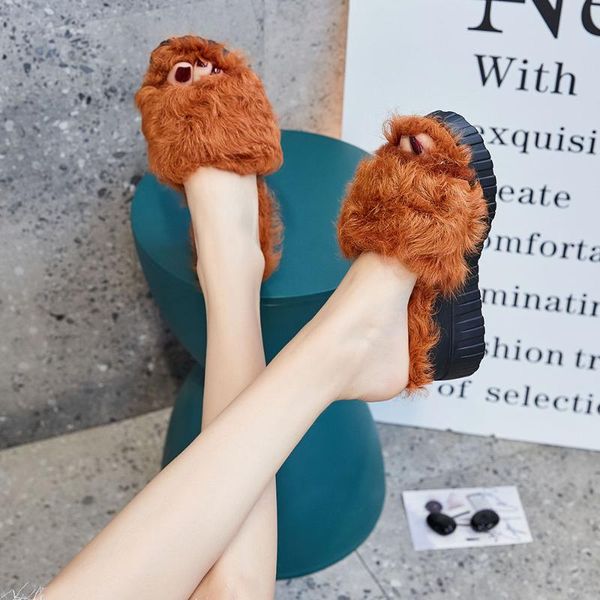 

fluffy slippers fur house wedge plush 2021 platform shoes slides women high heel woman mules, Black