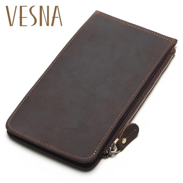 

card holders vesna men ultra-thin genuine leather big-capacity long cards package multi-card bit wallet bag man bank holder, Brown;gray
