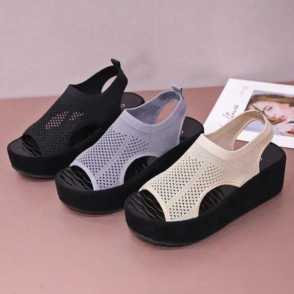

sandals student stretch fabric height increase shoes 6cm 2021summer sports harajuku style mesh casual hollow platform, Black