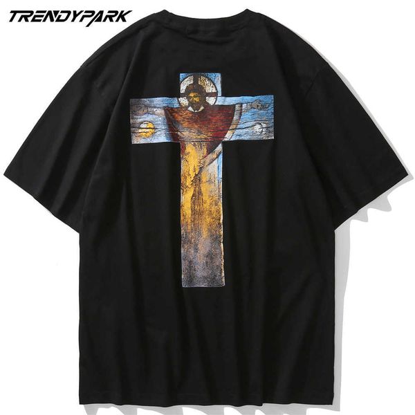 

hip hop tees shirts streetwear jesus cross printed cotton tshirts mens harajuku casual short sleeve 210601, White;black