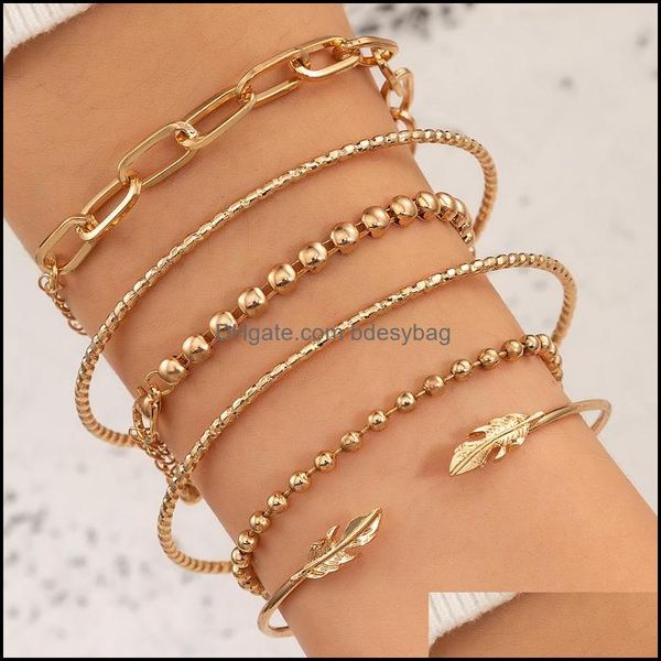 

charm jewelry6pcs/sets bohemian leaf bead bracelets for women mti-layer geometry gold color alloy metal jewelry aessories 17198 drop deliver, Golden;silver