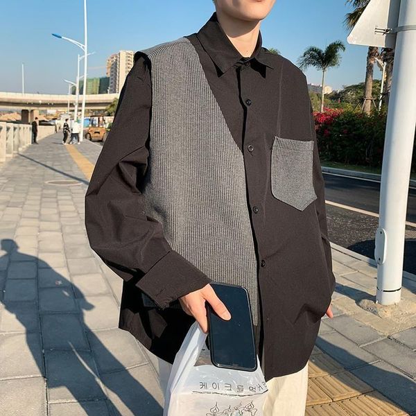 

men's casual shirts shirt men spring autumn stitching long-sleeve korean handsome loose wild oversized fashion streetwear, White;black