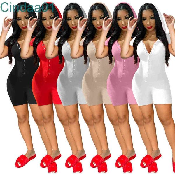 

summer clothing women hoodie jumpsuits fashion solid color single breasted short sleeve casual bodycon rompers, Black;white