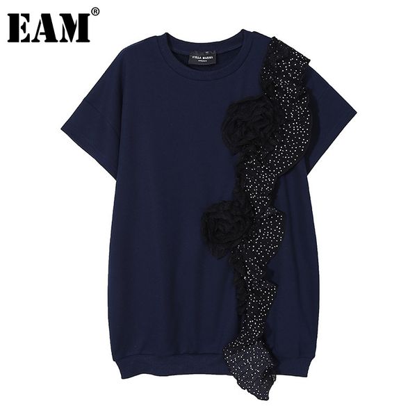 

[eam] women blue ruffles irregular big size long t-shirt round neck short sleeve fashion spring summer 1dd6088 210512, White