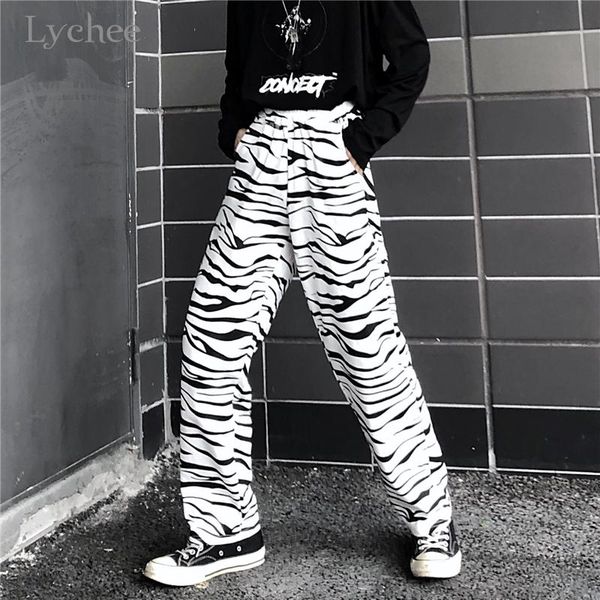 

lychee harajuku zebra pattern print pants straight long casual loose high waist trousers autumn female women's & capris, Black;white