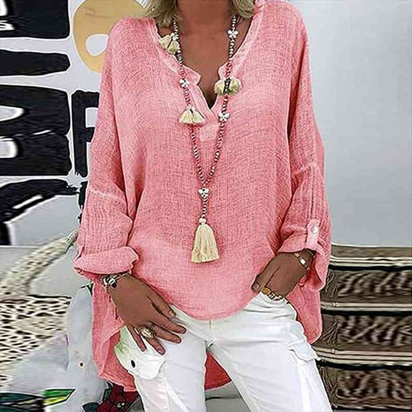 

40 cotton linen plus size women shirt harajuku casual long sleeve solid loose v neck elegant pullover top, White