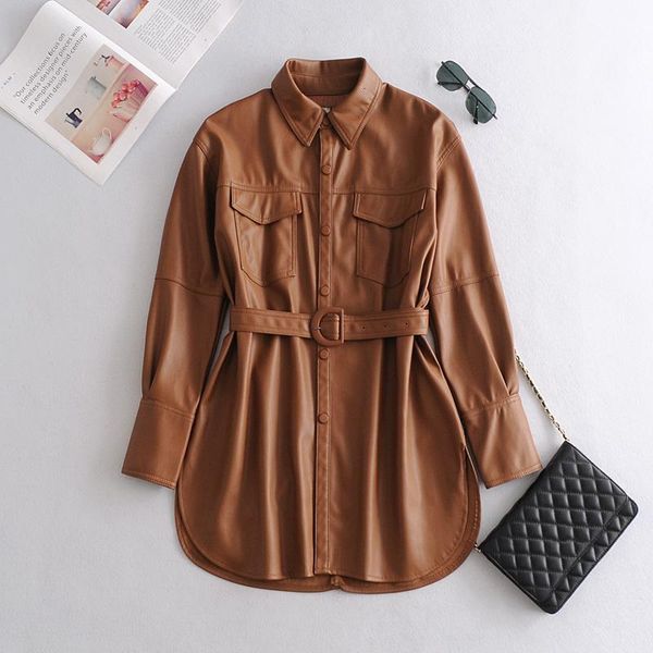 

faux soft leather jackets coats lady khaki single breasted pu shirt autumn winter casual long sleeve blouse, Black