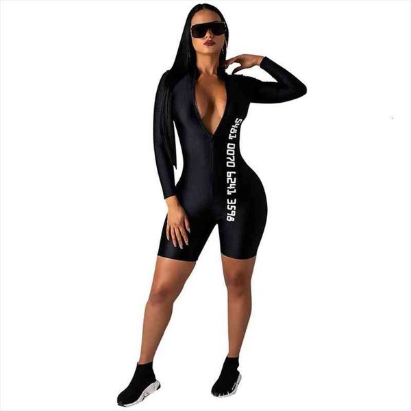 

fall letter print women short jumpsuit long sleeve front zipper bodycon romper casual fitness playsuit sportswear, Black;white