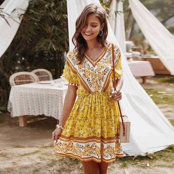 

summer dress 2021 women fashion v-neck high-waist mini yellow dress boho print sweet casual holiday a-line green dress x0521, Black;gray