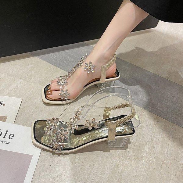 

transparent heel sandals women flowers rhinestone pvc summer sweet open toe high gold black