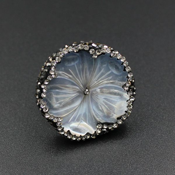 

guaiguai jewelry natural white sea shell carved flower ring black cz fashion women jewelry adjustable, Golden;silver