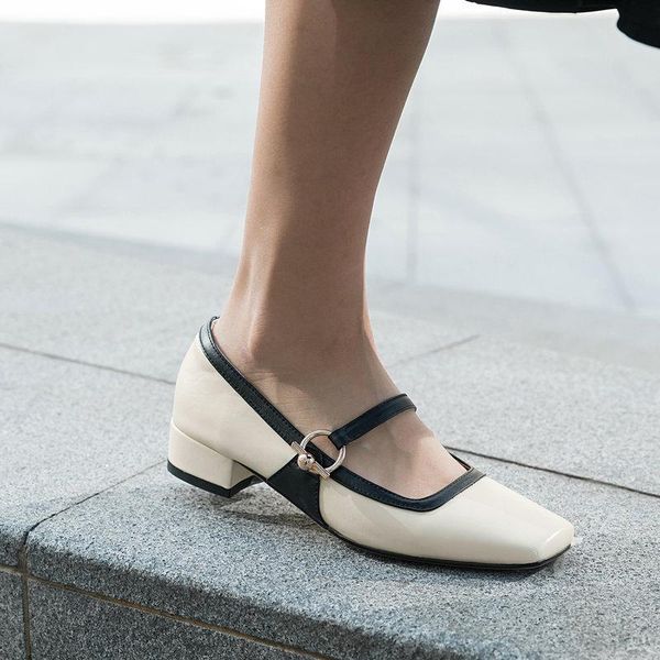 

dress shoes fashion mary janes women cow leather pumps office party beige colors square toe shallow woman, Black
