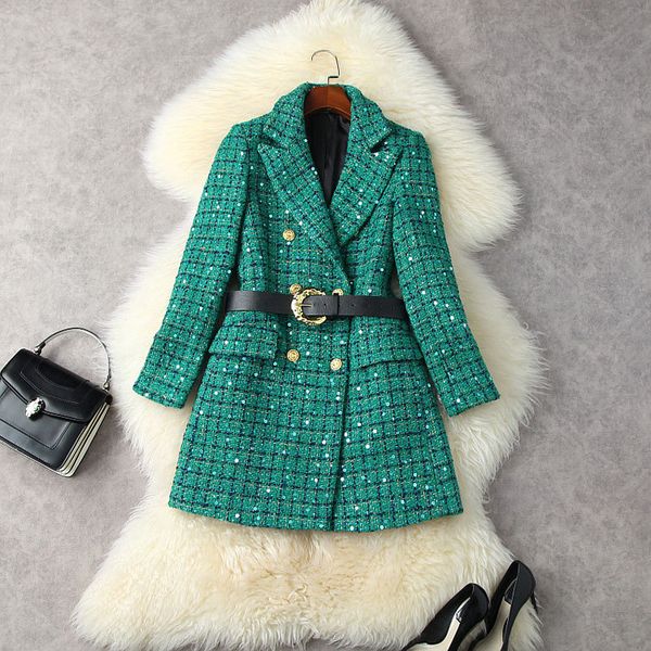 

2021 autumn winter long sleeve notched-lapel green plaid tweed belted sequins double-breasted blazers dress coat elegant casual dresses 21n0, Black;gray