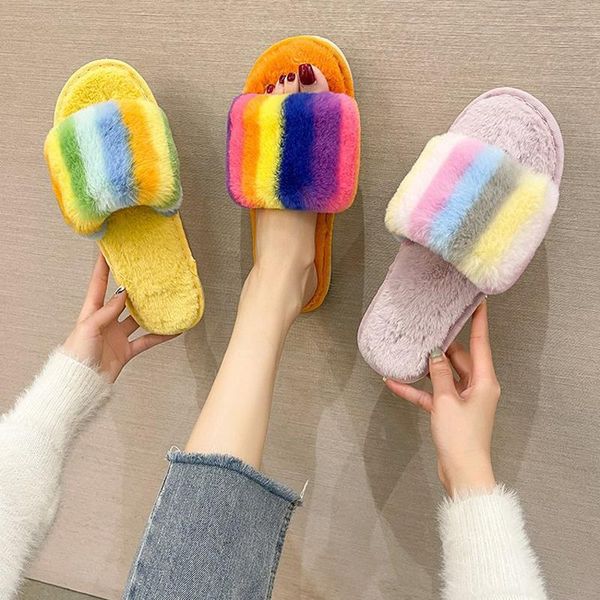 

slippers women multicolor stripe open toe furry shoes 2021 fashion faux fur warm house flip flops winter plush floor home slides, Black